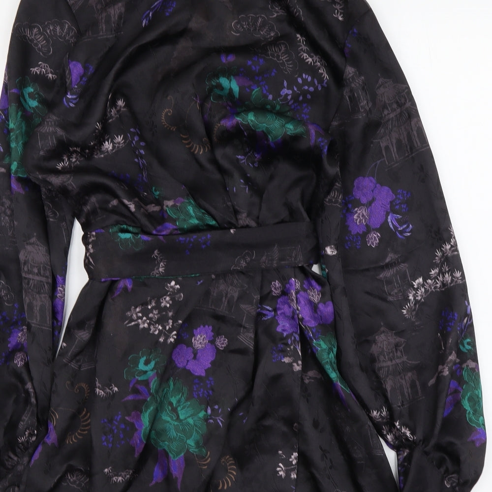 Zara Womens Black Floral Polyester Shirt Dress Size M Collared Button