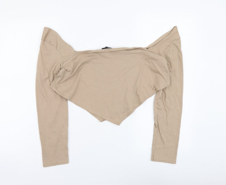 PRETTYLITTLETHING Womens Beige Cotton Cropped Blouse Size 12 Scoop Neck