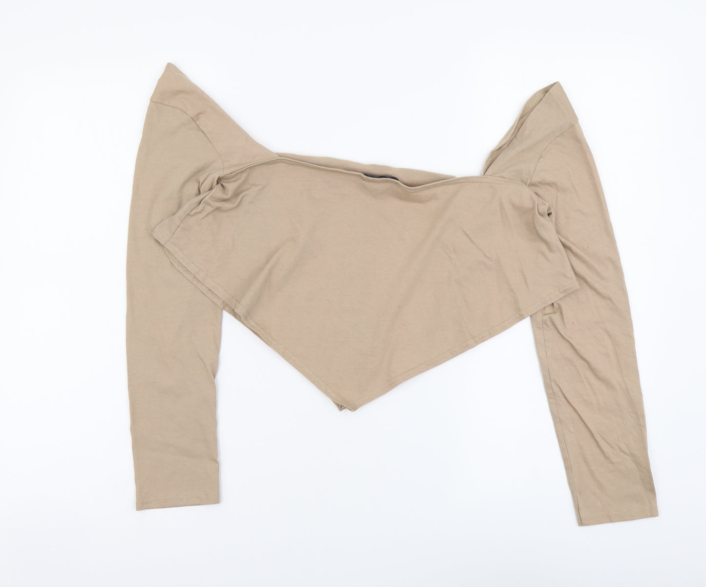 PRETTYLITTLETHING Womens Beige Cotton Cropped Blouse Size 12 Scoop Neck