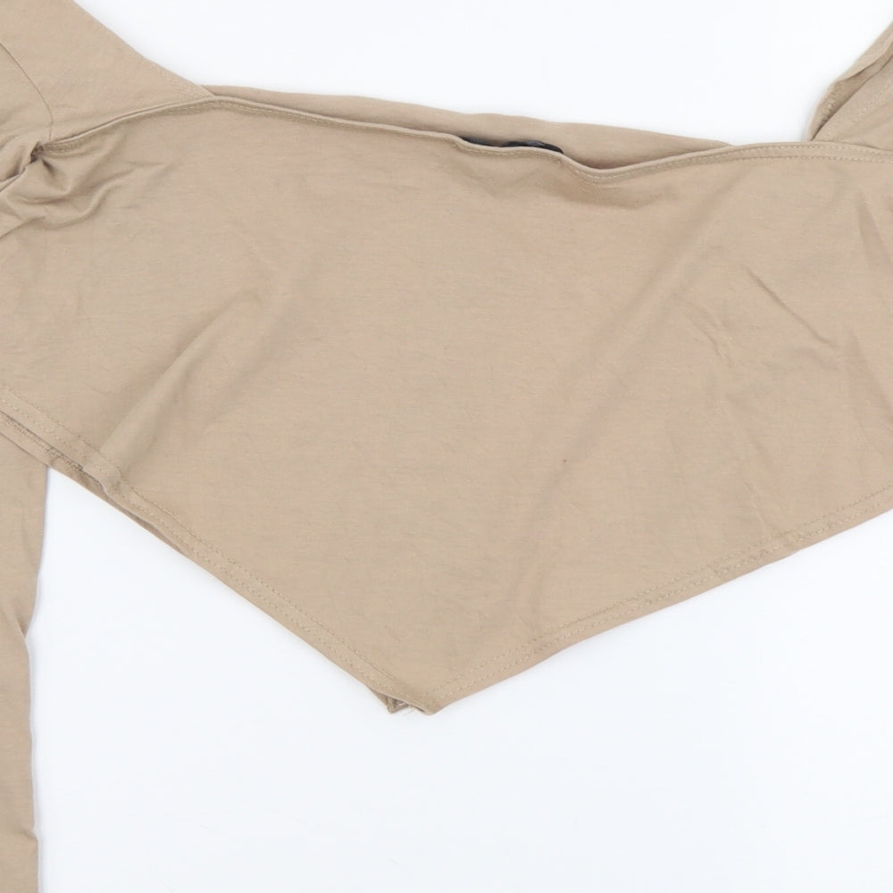PRETTYLITTLETHING Womens Beige Cotton Cropped Blouse Size 12 Scoop Neck
