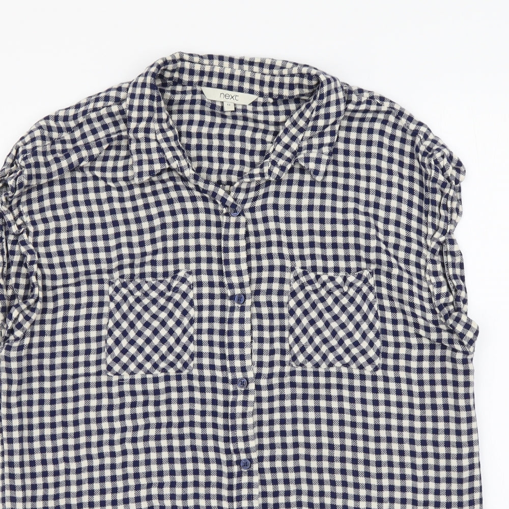 NEXT Womens Blue Check Viscose Basic Button-Up Size 12 Collared
