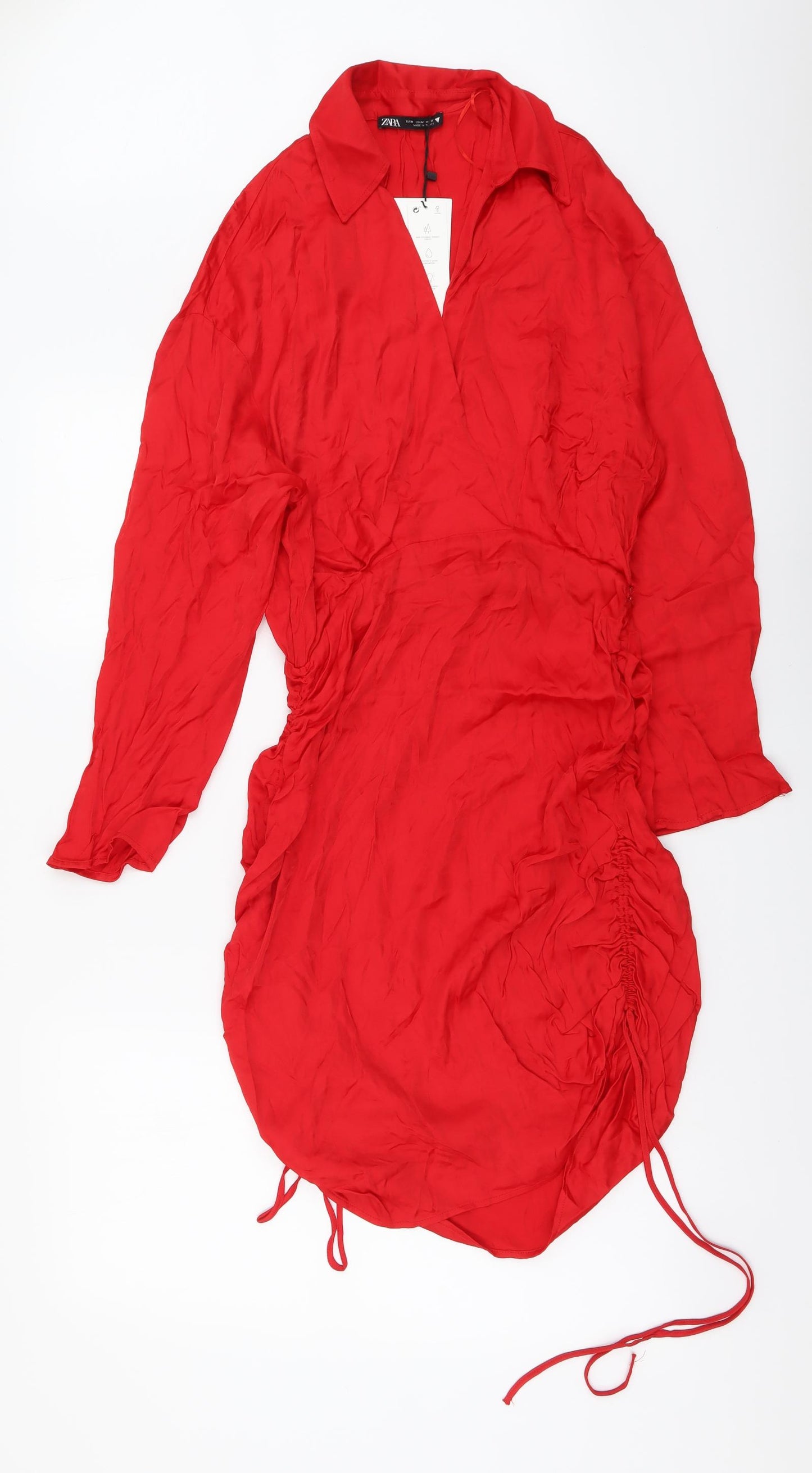 Zara Womens Red Polyester Shirt Dress Size M Collared Zip