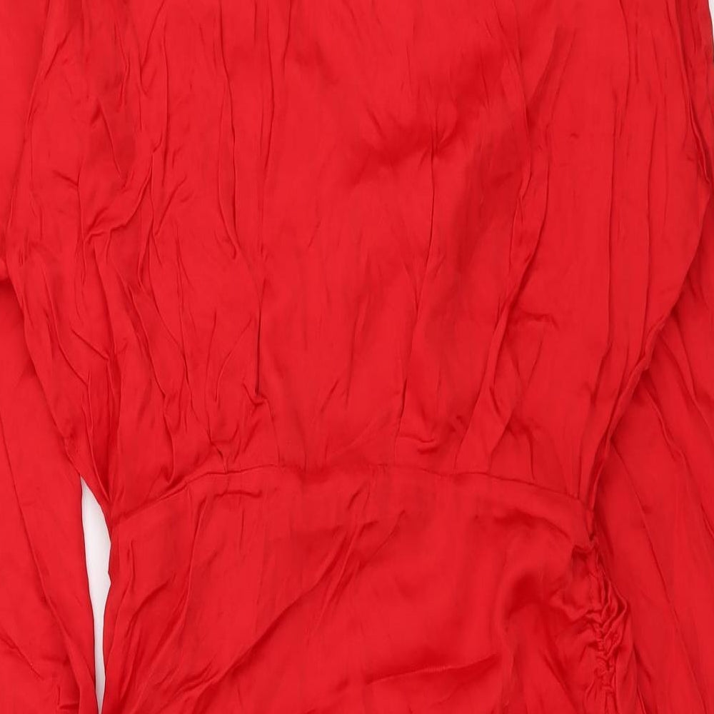 Zara Womens Red Polyester Shirt Dress Size M Collared Zip
