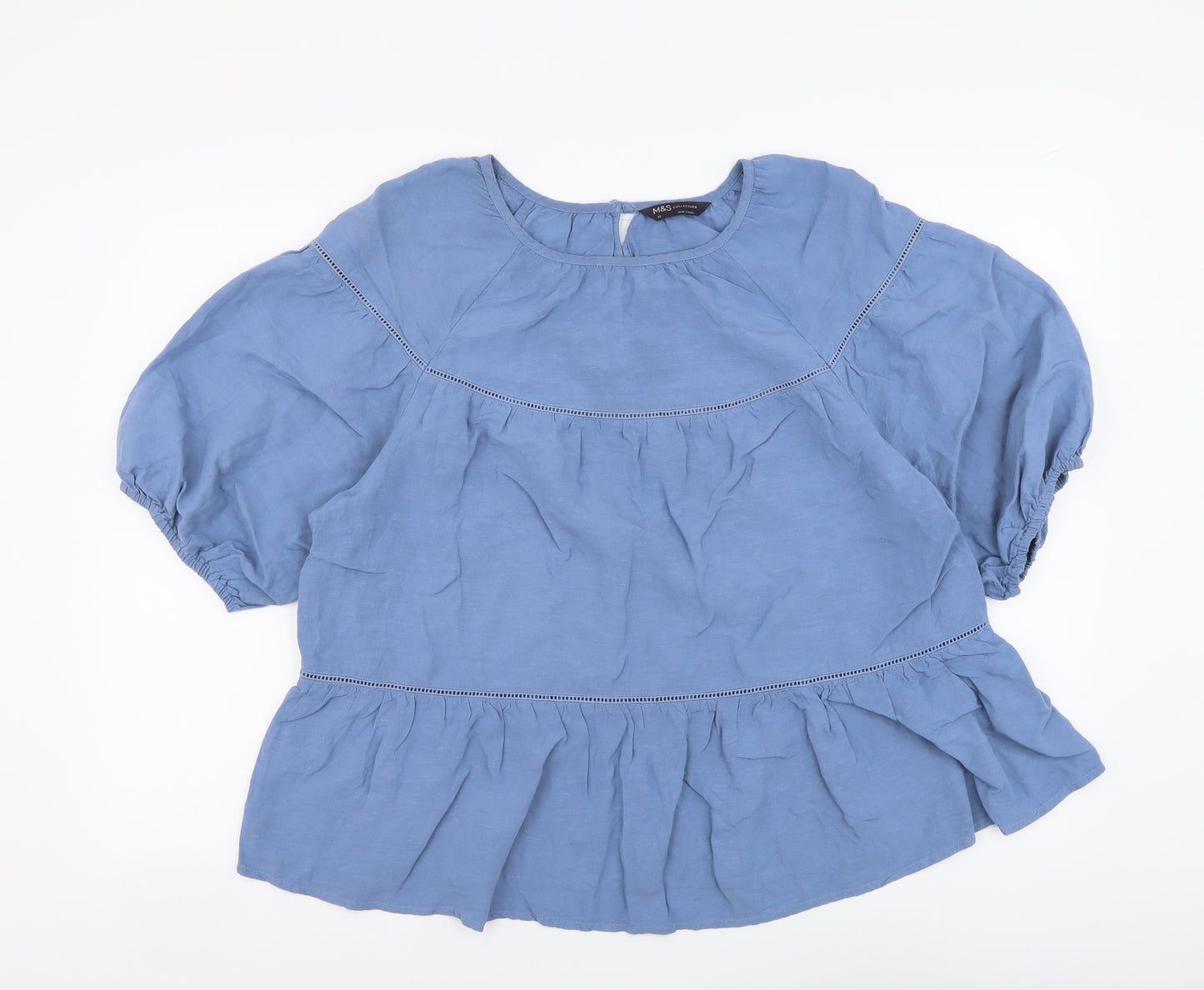 Marks and Spencer Womens Blue Viscose Basic Blouse Size 14 Round Neck