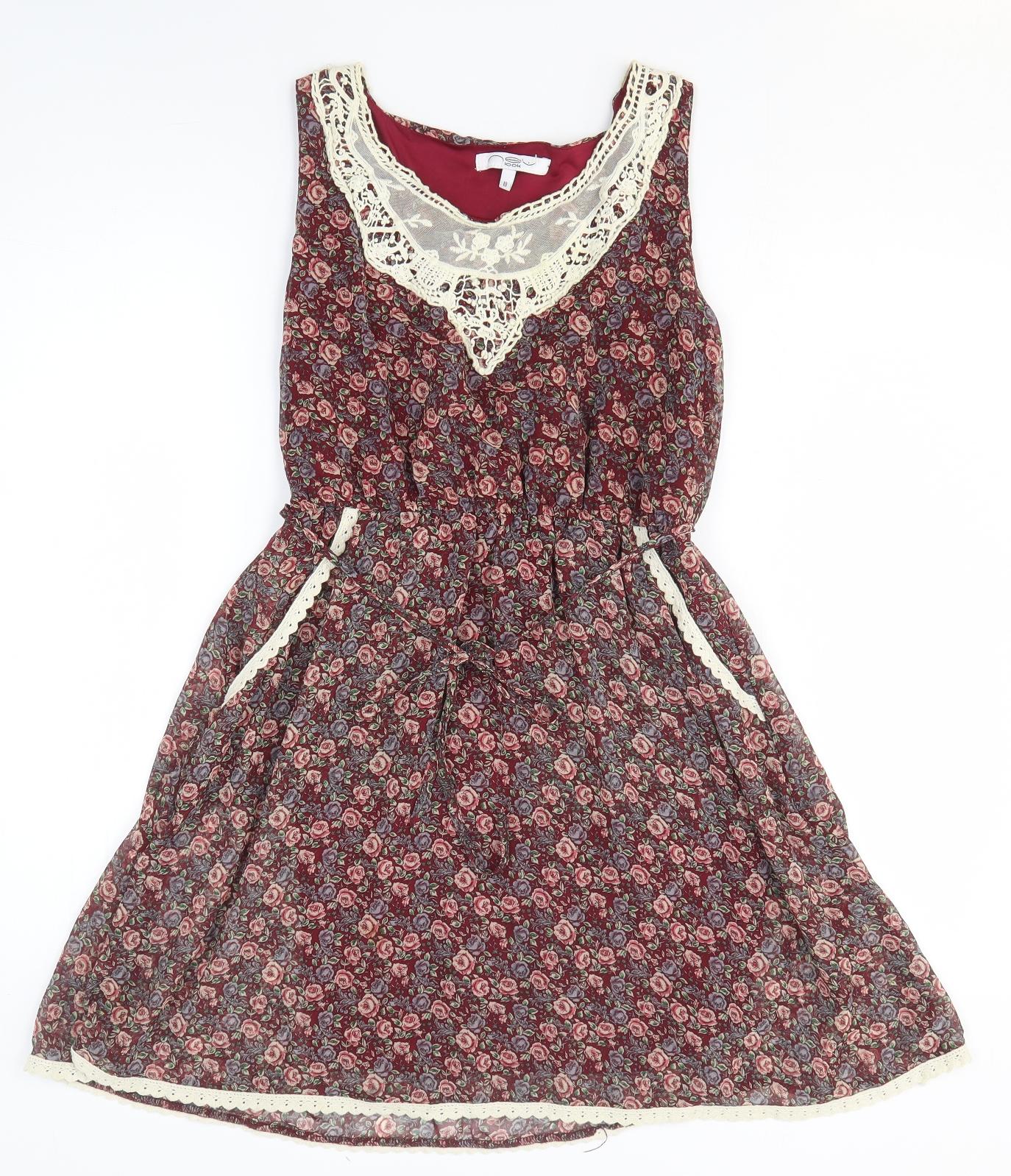 New Look Womens Red Floral Polyester Fit & Flare Size 10 Round Neck Pullover