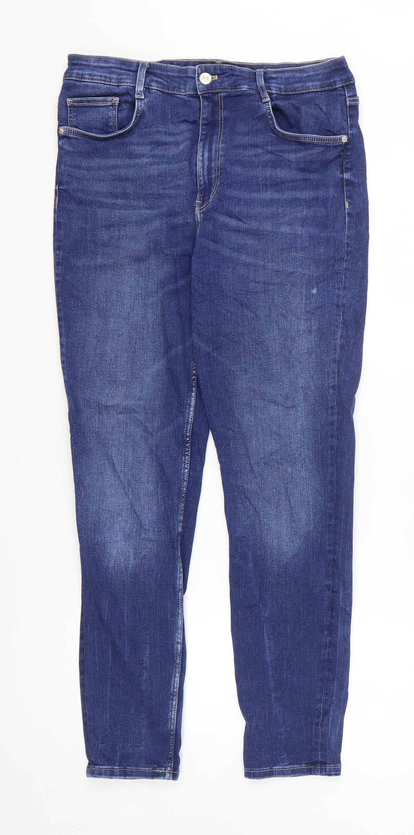 Zara Womens Blue Cotton Tapered Jeans Size 14 L23 in Regular Zip