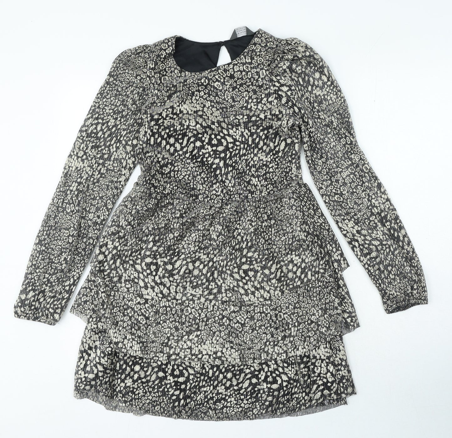 Primark Girls Black Animal Print Polyester A-Line Size 12-13 Years Round Neck Button