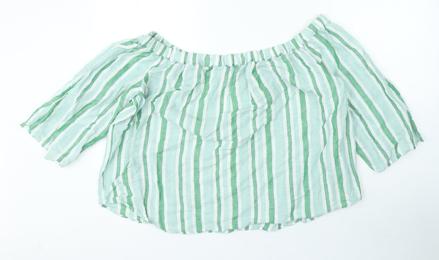Marks and Spencer Womens Green Striped Linen Basic Blouse Size 20 Off the Shoulder