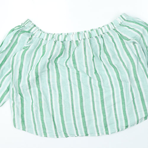 Marks and Spencer Womens Green Striped Linen Basic Blouse Size 20 Off the Shoulder