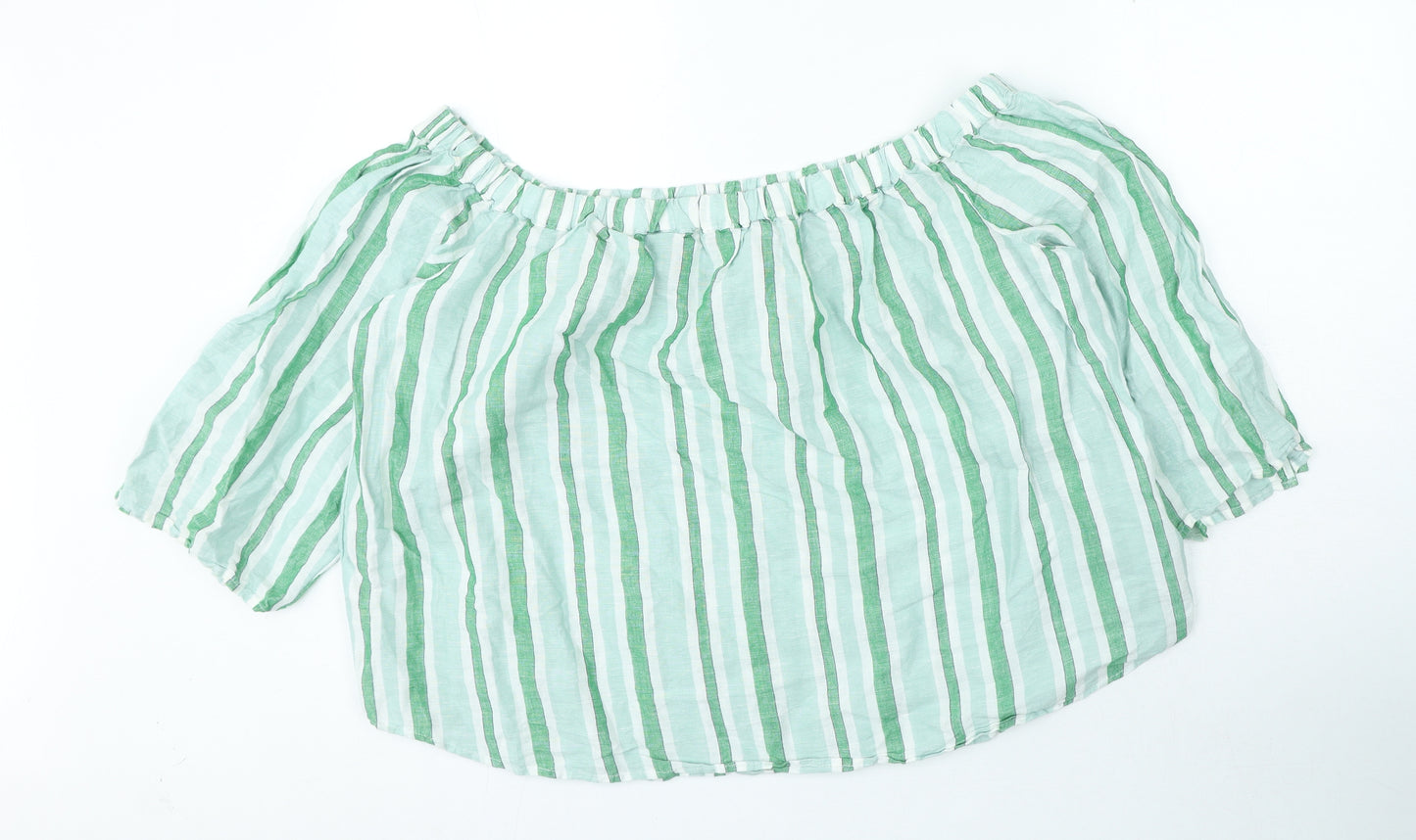 Marks and Spencer Womens Green Striped Linen Basic Blouse Size 20 Off the Shoulder