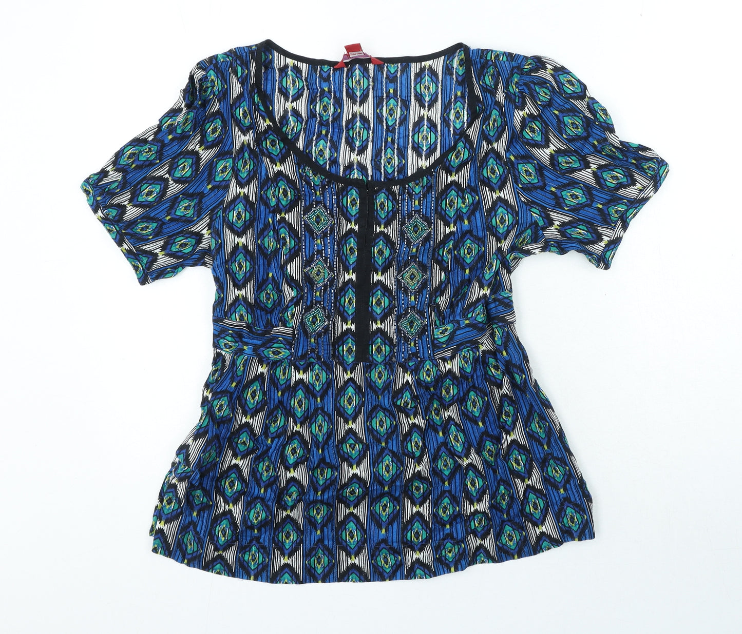 Monsoon Womens Multicoloured Geometric 100% Cotton Basic Blouse Size 12 V-Neck