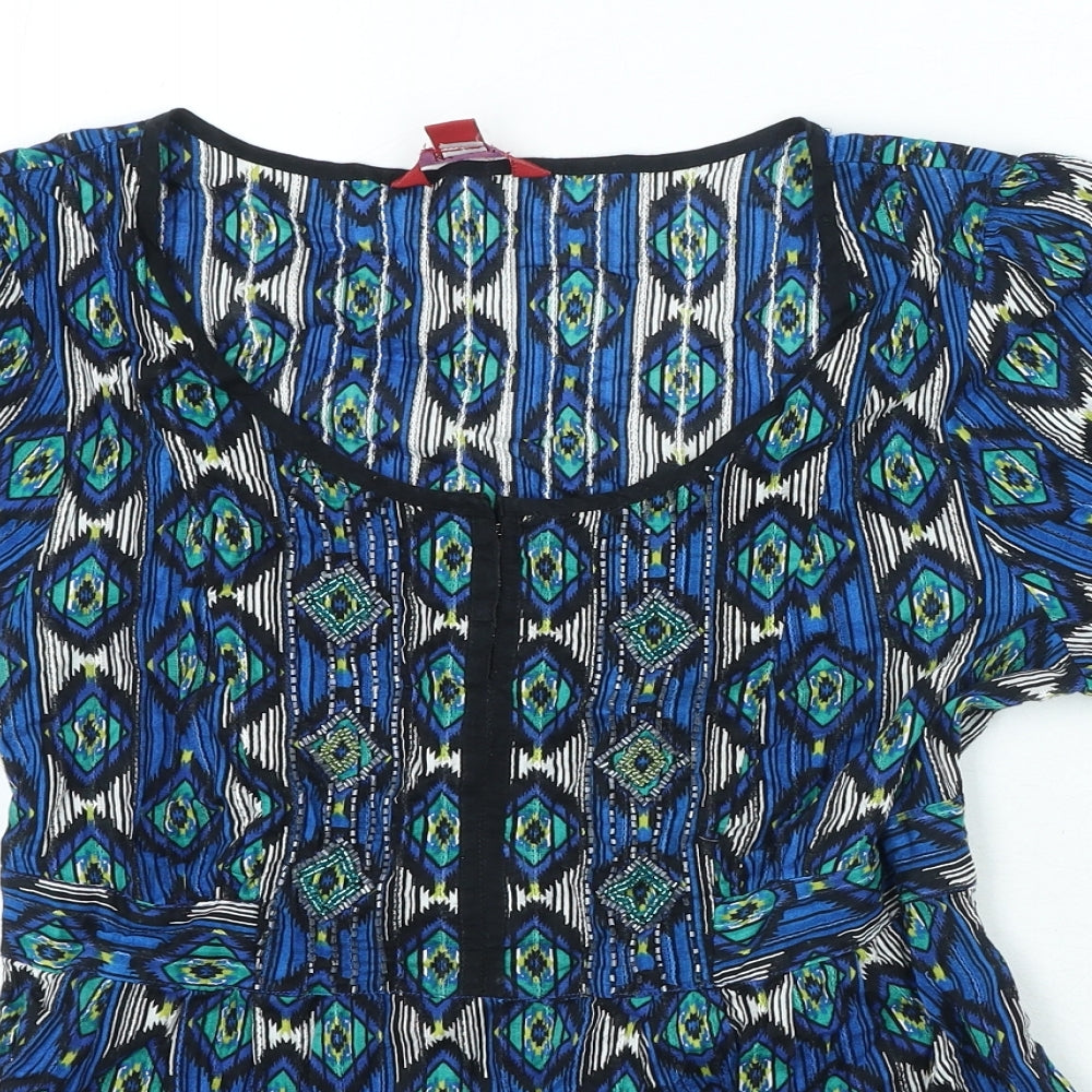 Monsoon Womens Multicoloured Geometric 100% Cotton Basic Blouse Size 12 V-Neck