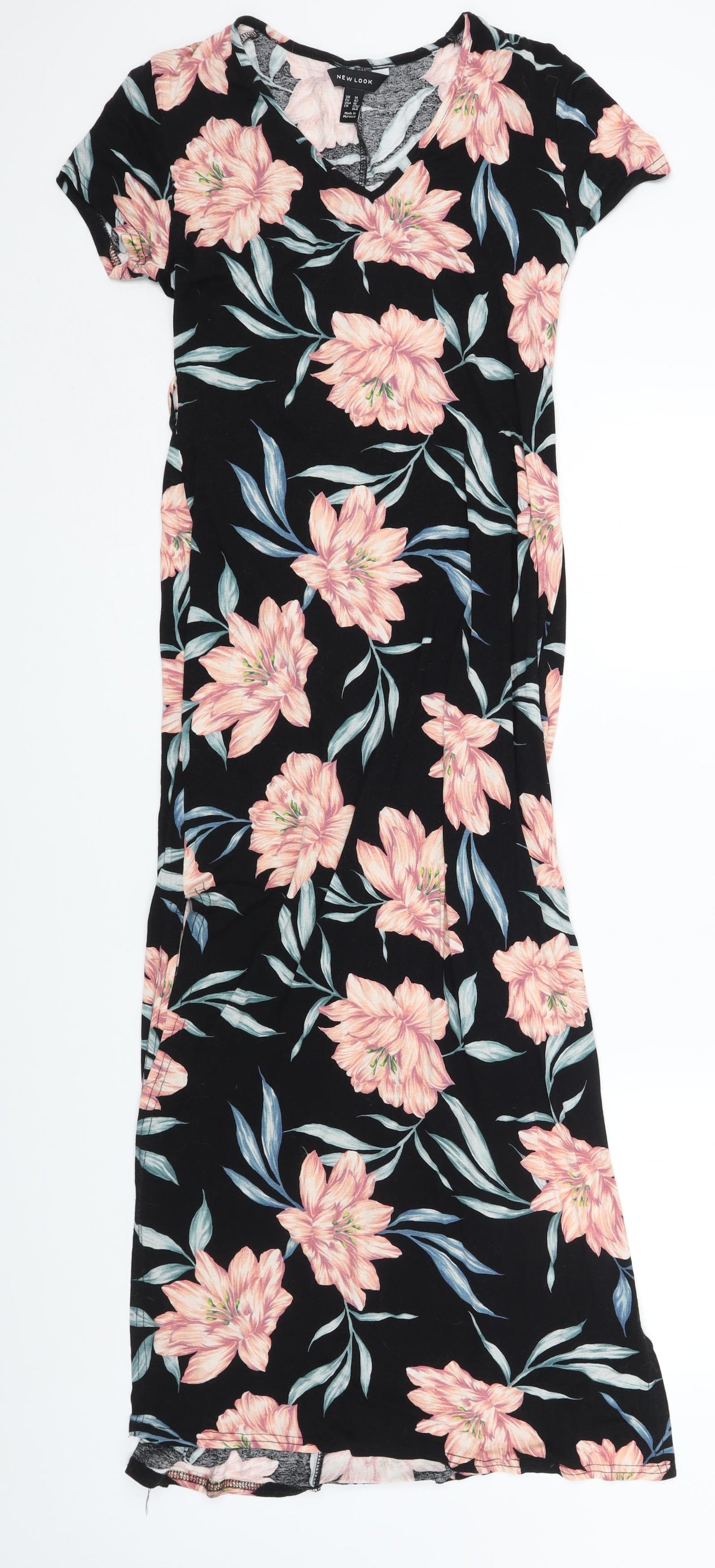 New Look Womens Black Floral Viscose Maxi Size 14 Round Neck Pullover