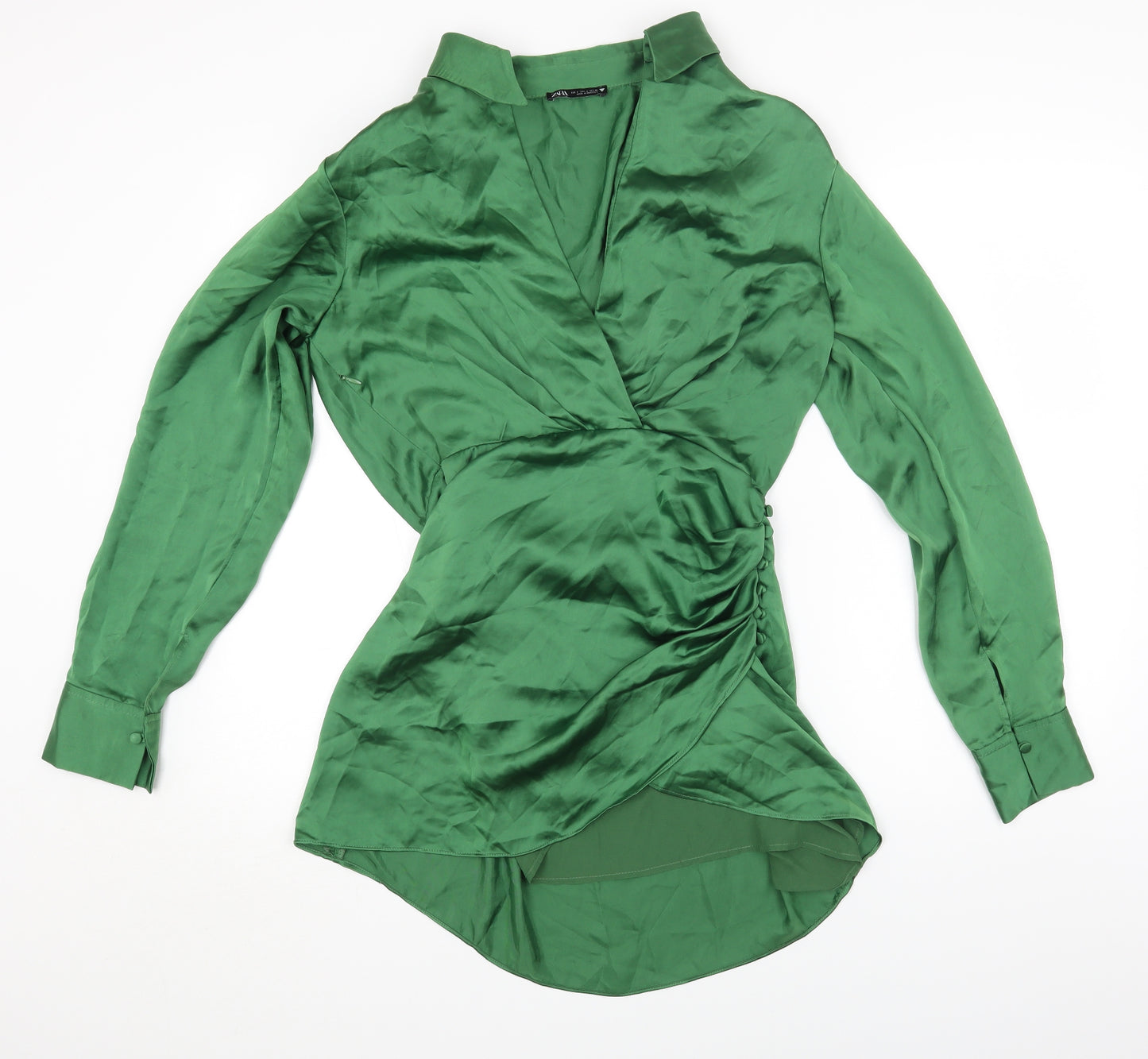 Zara Womens Green Polyester Shirt Dress Size S Collared Button