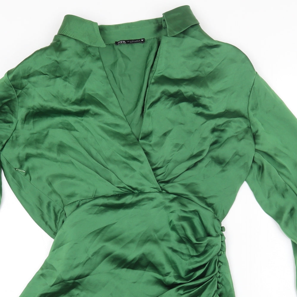 Zara Womens Green Polyester Shirt Dress Size S Collared Button