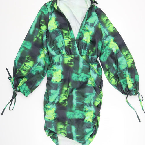 PRETTYLITTLETHING Womens Green Geometric Polyester Bodycon Size 8 Collared Zip