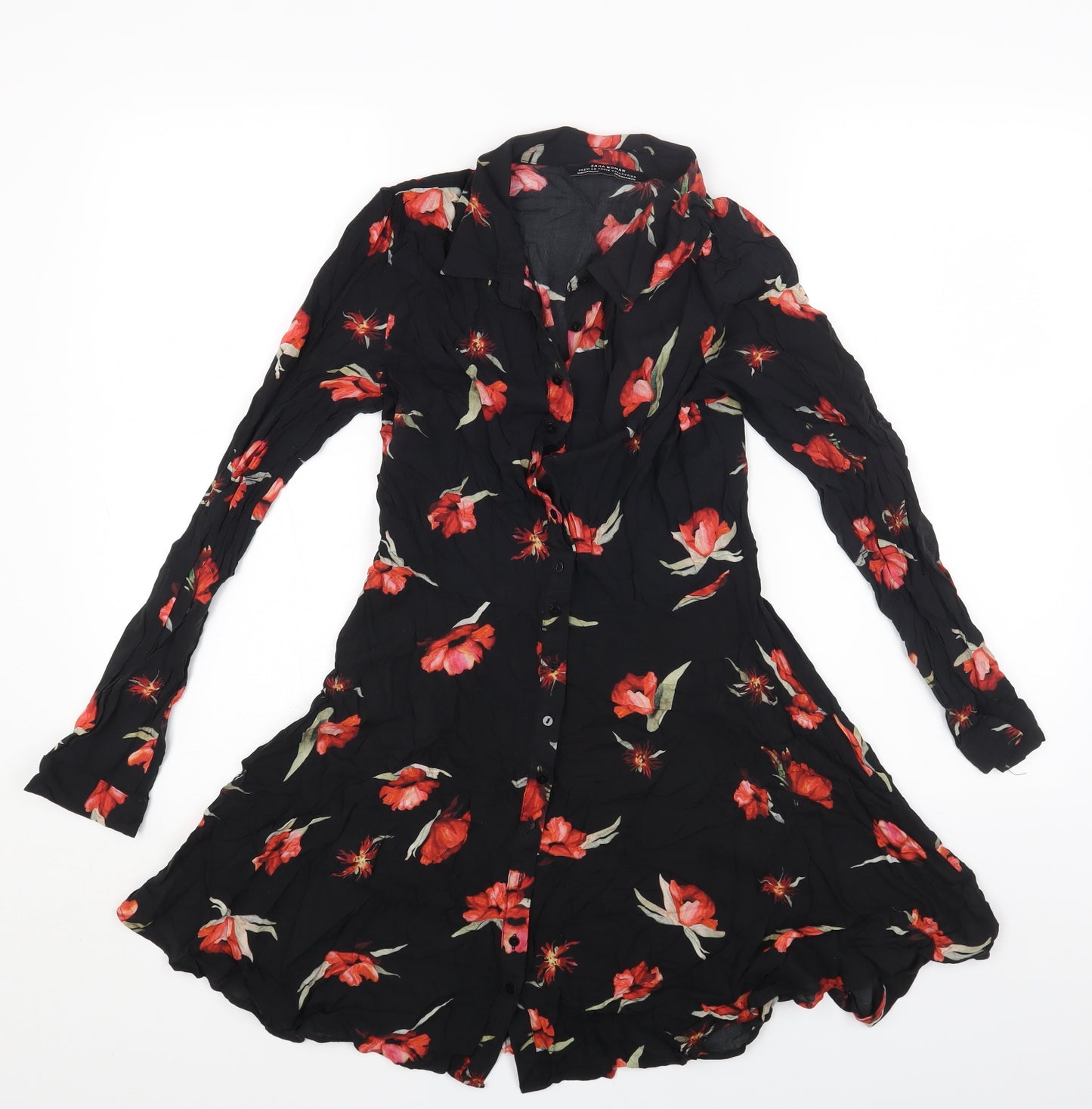 Zara Womens Black Floral Viscose Shirt Dress Size M Collared Button