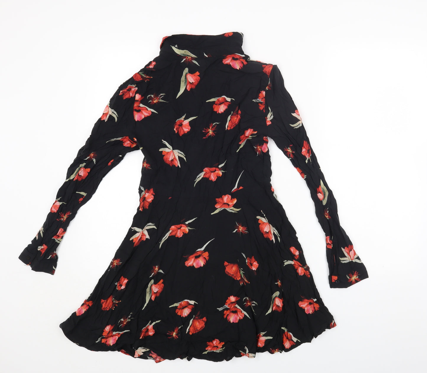 Zara Womens Black Floral Viscose Shirt Dress Size M Collared Button