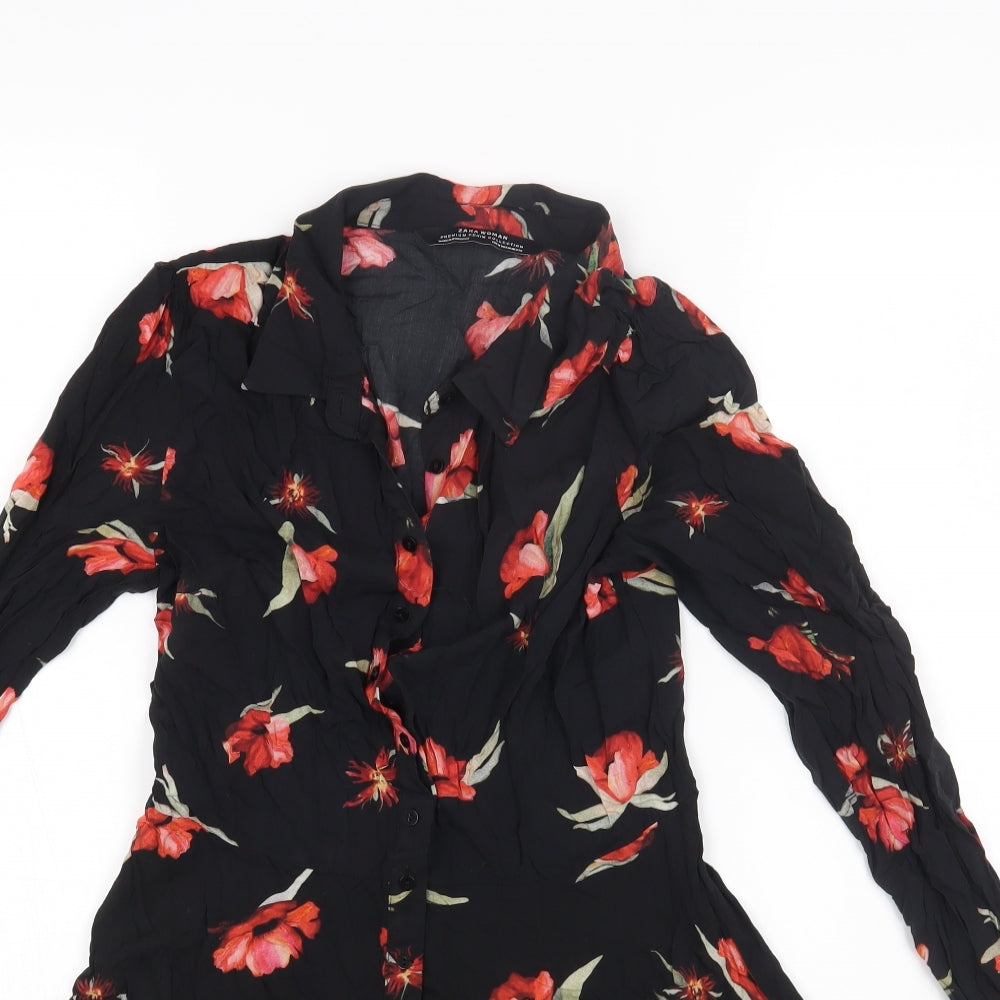 Zara Womens Black Floral Viscose Shirt Dress Size M Collared Button