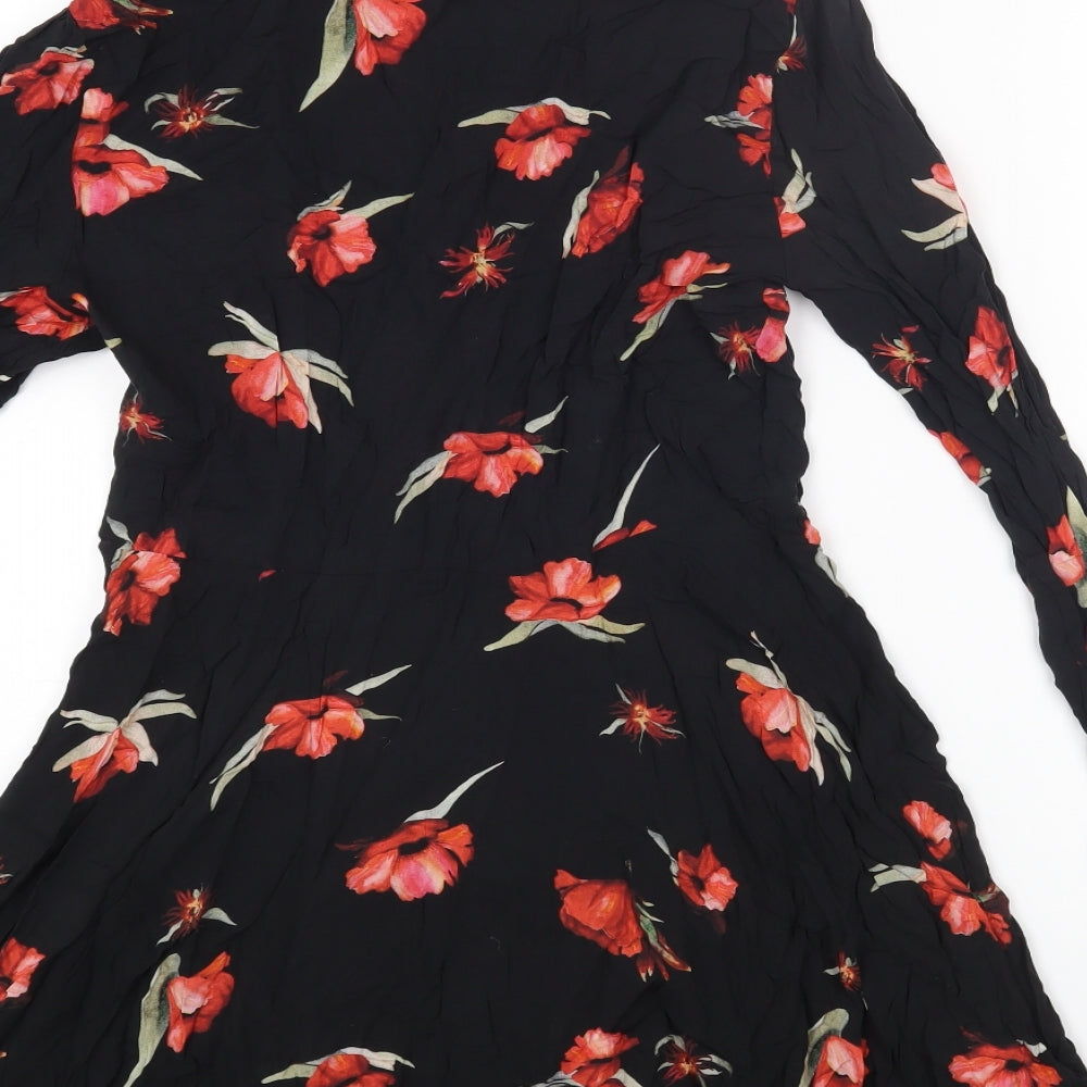 Zara Womens Black Floral Viscose Shirt Dress Size M Collared Button