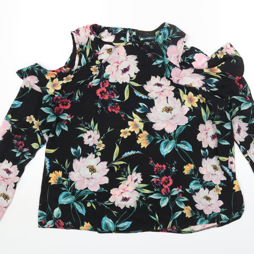 Primark Womens Black Floral Polyester Basic Blouse Size 16 Scoop Neck - Cold Shoulder