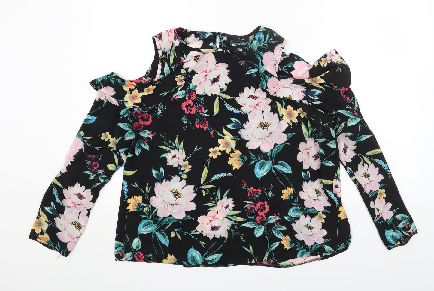 Primark Womens Black Floral Polyester Basic Blouse Size 16 Scoop Neck - Cold Shoulder