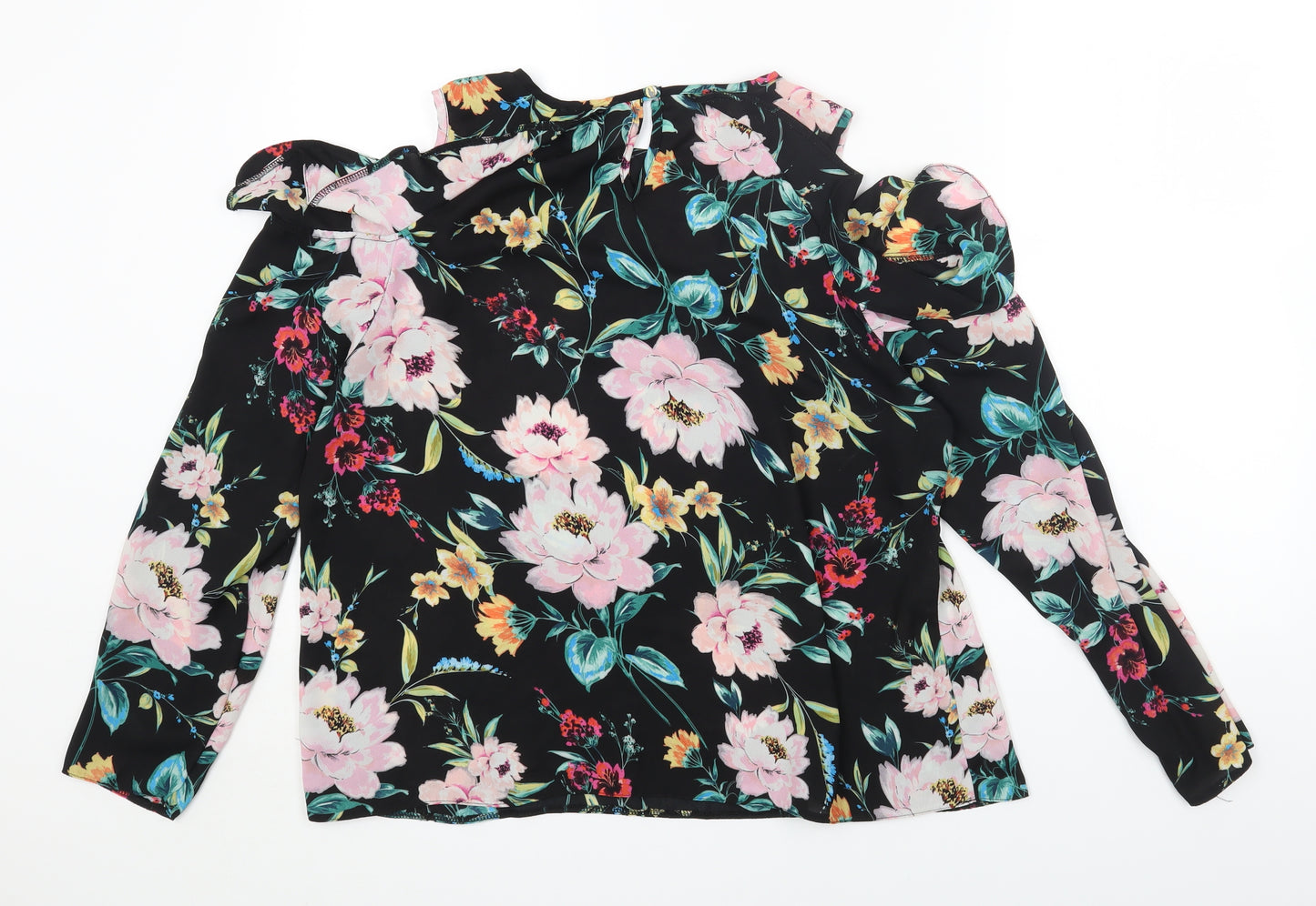 Primark Womens Black Floral Polyester Basic Blouse Size 16 Scoop Neck - Cold Shoulder