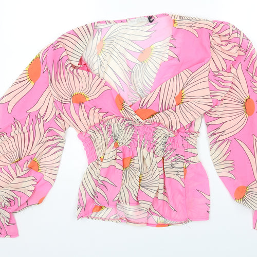 New Collection Womens Pink Floral Polyester Basic Blouse Size 8 V-Neck