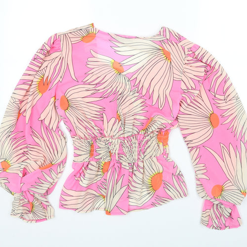 New Collection Womens Pink Floral Polyester Basic Blouse Size 8 V-Neck