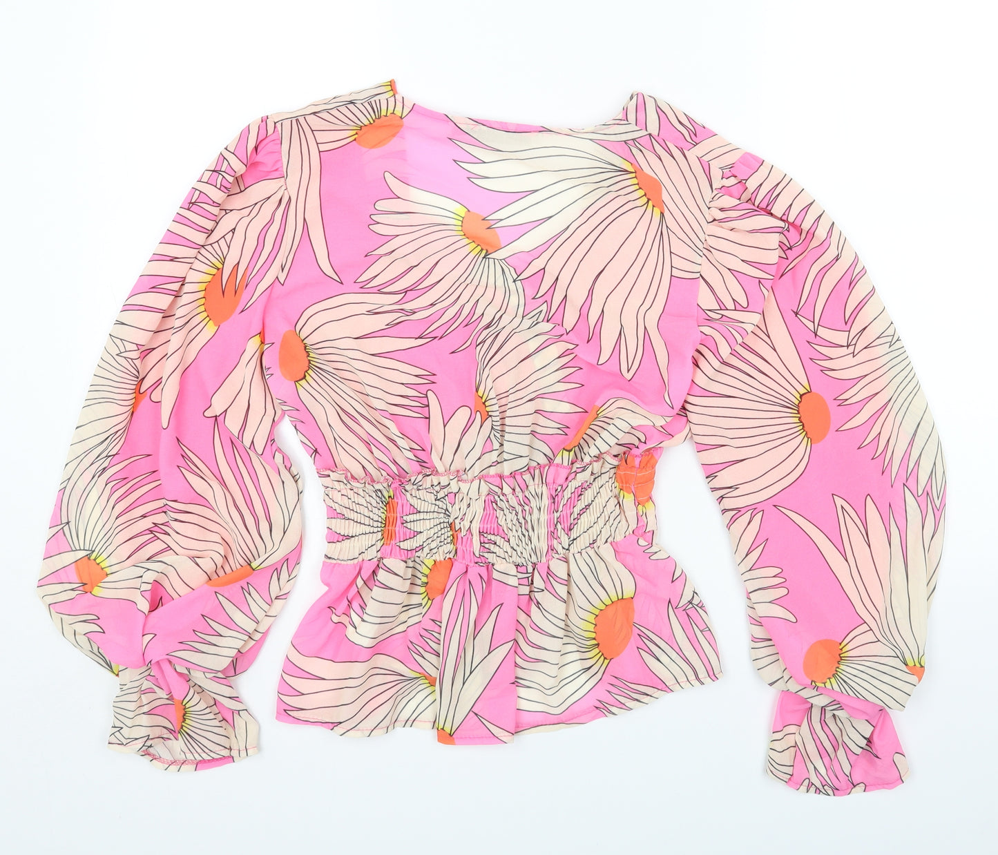 New Collection Womens Pink Floral Polyester Basic Blouse Size 8 V-Neck