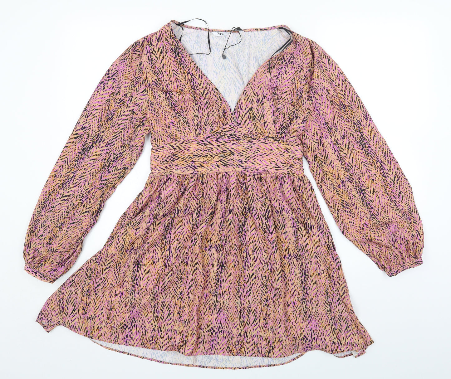 Zara Womens Multicoloured Geometric Polyester Fit & Flare Size L V-Neck Zip