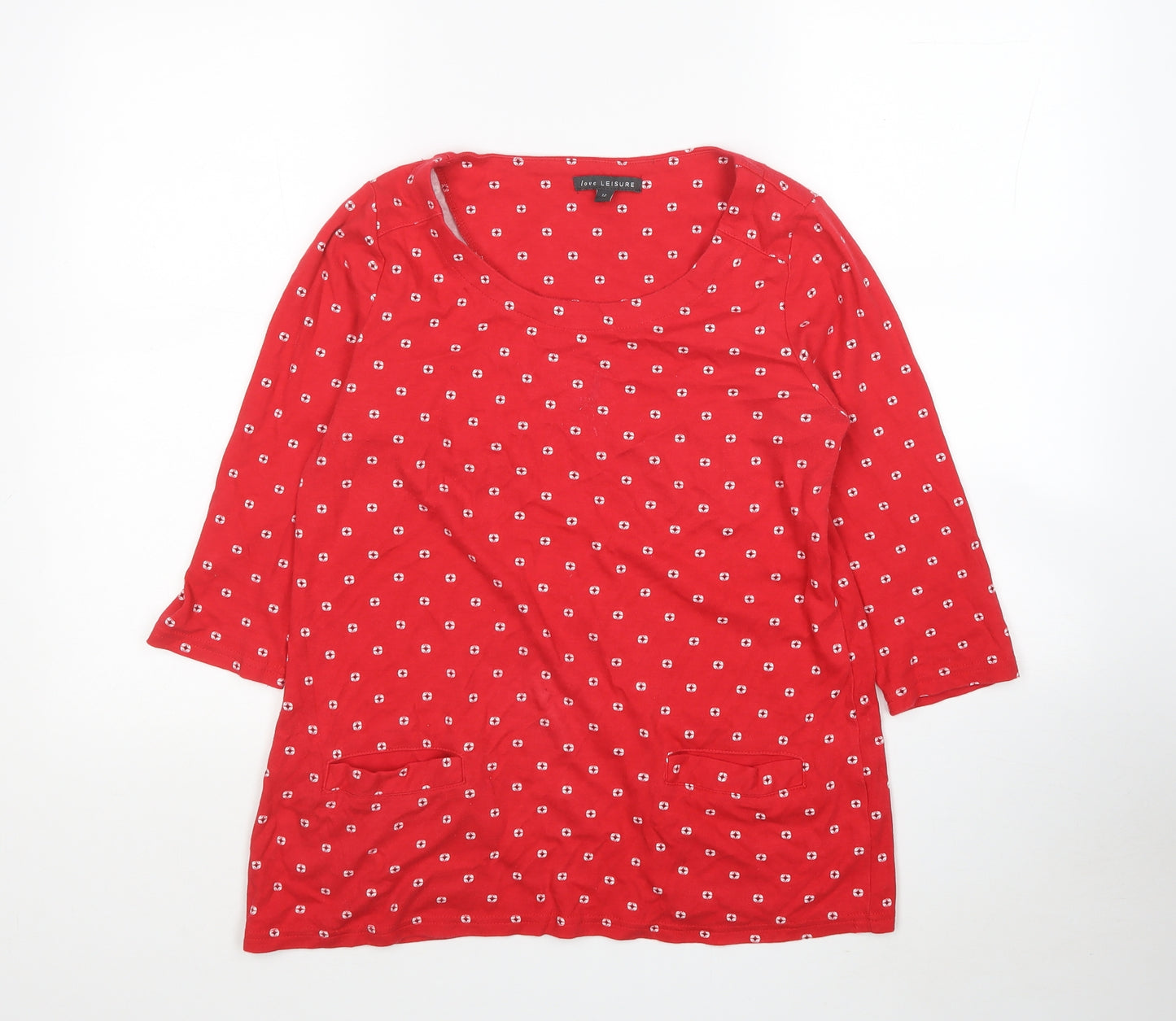 Love Leisure Womens Red Geometric Cotton Basic T-Shirt Size 12 Scoop Neck