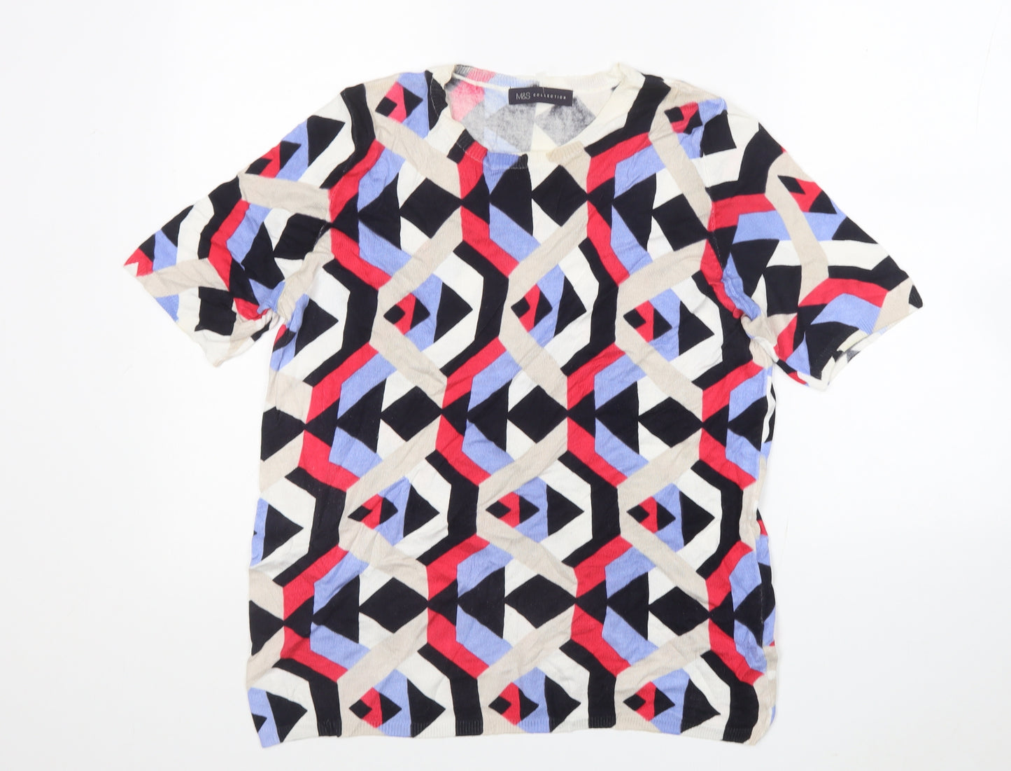 Marks and Spencer Womens Multicoloured Geometric Viscose Jersey T-Shirt Size 16 Round Neck