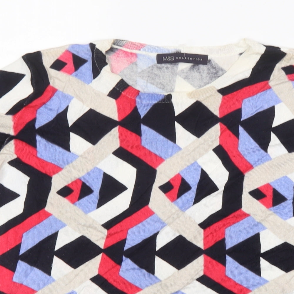 Marks and Spencer Womens Multicoloured Geometric Viscose Jersey T-Shirt Size 16 Round Neck