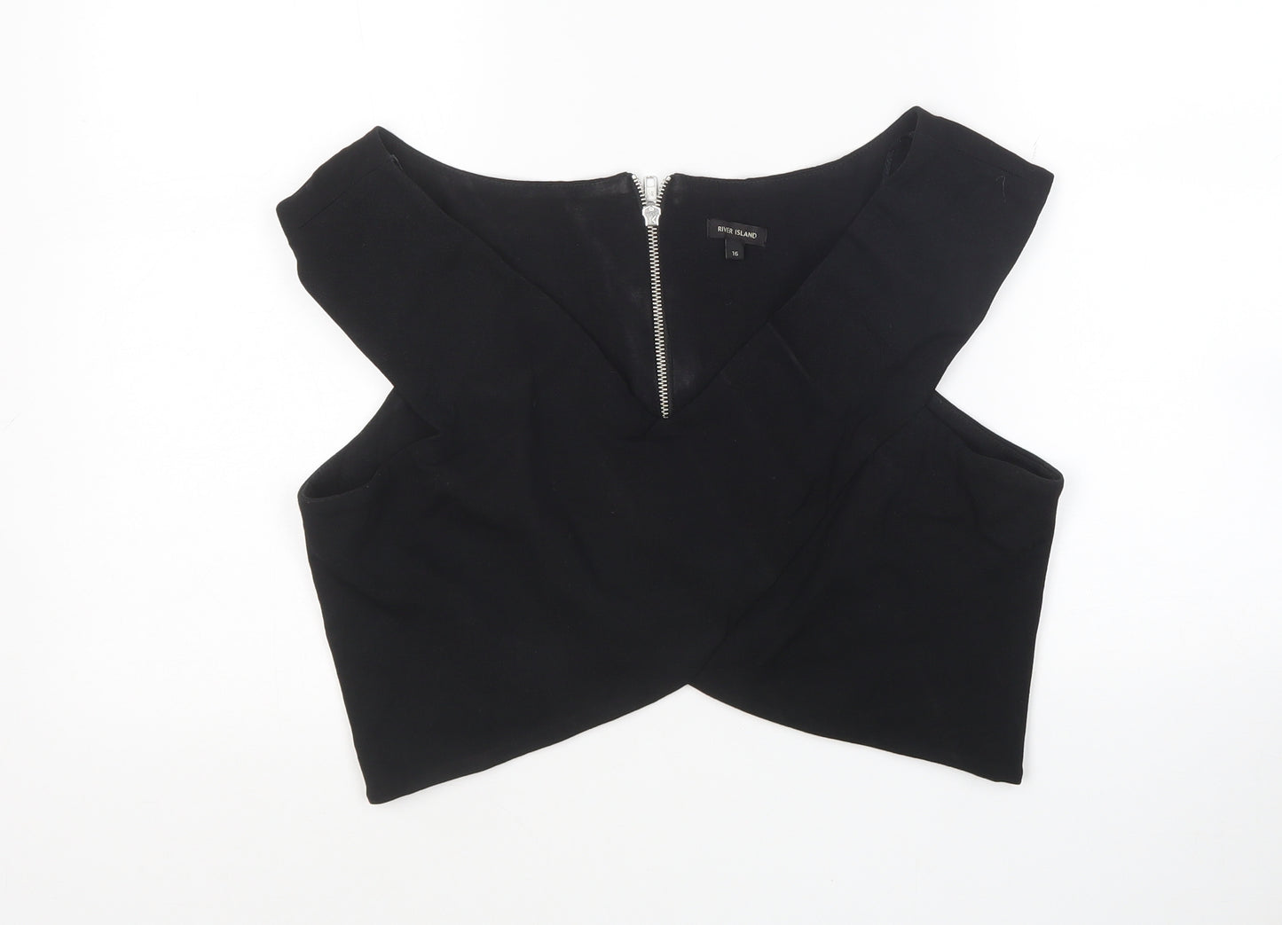 River Island Womens Black Viscose Cropped Blouse Size 16 V-Neck