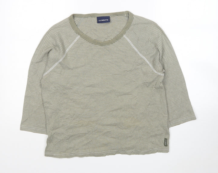 Liz Claiborne Womens Green Round Neck Striped Cotton Pullover Jumper Size L