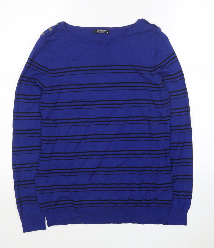 LC Waikiki Womens Blue Boat Neck Striped Viscose Pullover Jumper Size M