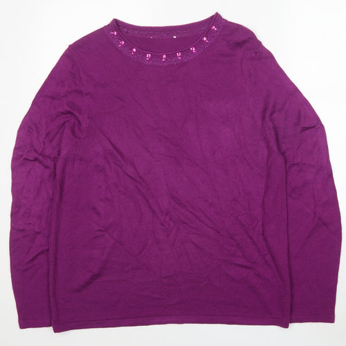 Preworn Womens Purple Round Neck Acrylic Pullover Jumper Size 2XL - Embellished Neckline