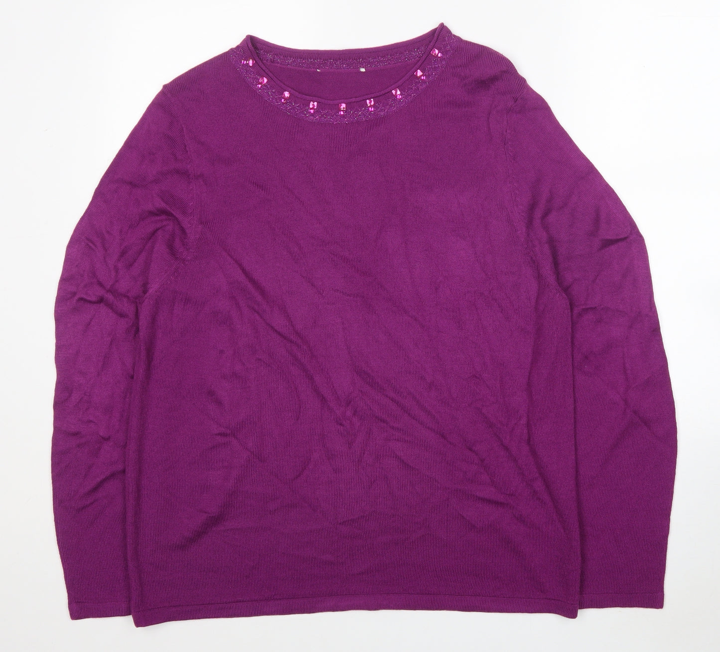Preworn Womens Purple Round Neck Acrylic Pullover Jumper Size 2XL - Embellished Neckline