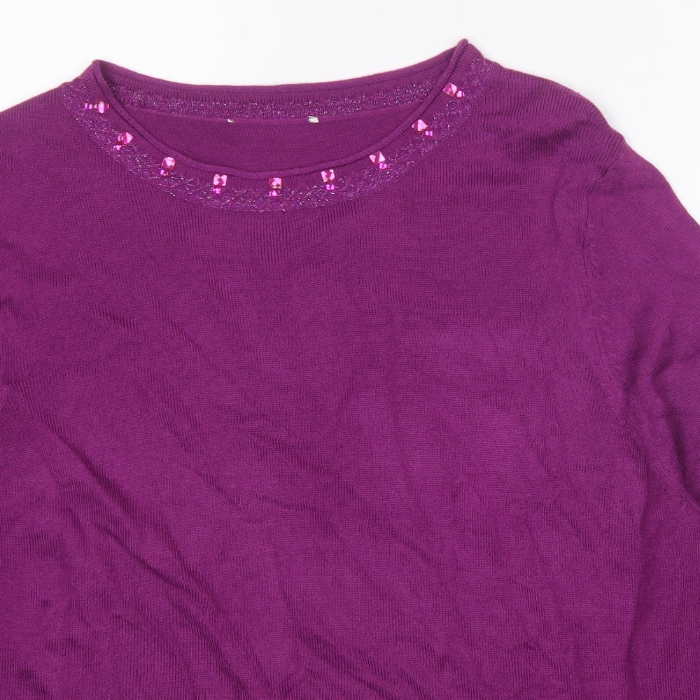 Preworn Womens Purple Round Neck Acrylic Pullover Jumper Size 2XL - Embellished Neckline