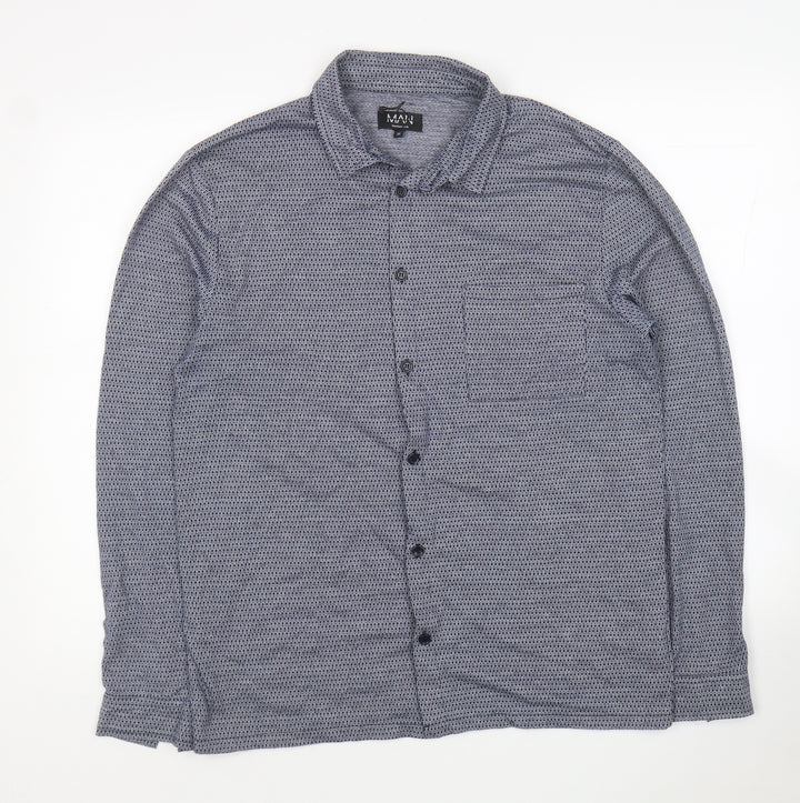 Boohoo Man Mens Blue Geometric Polyester Button-Up Size M Collared Button