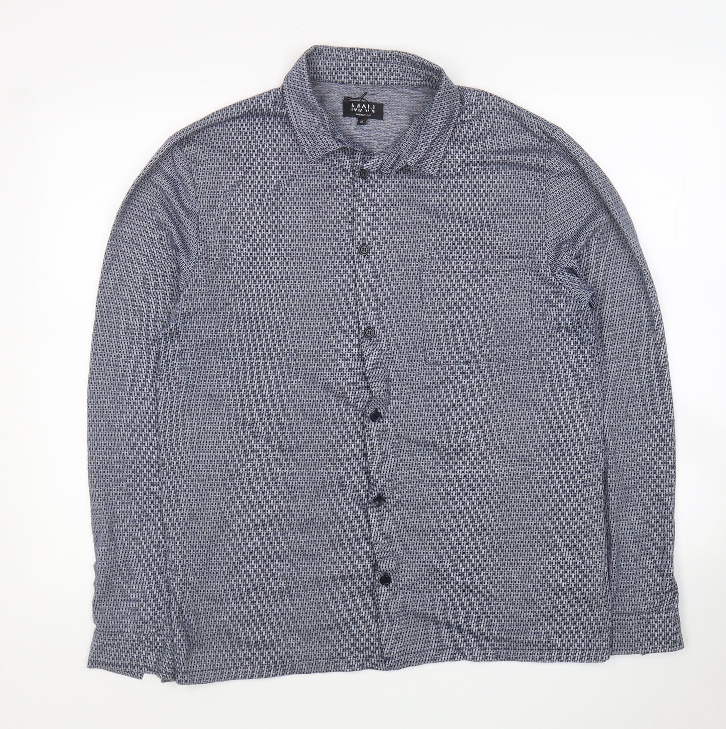 Boohoo Man Mens Blue Geometric Polyester Button-Up Size M Collared Button