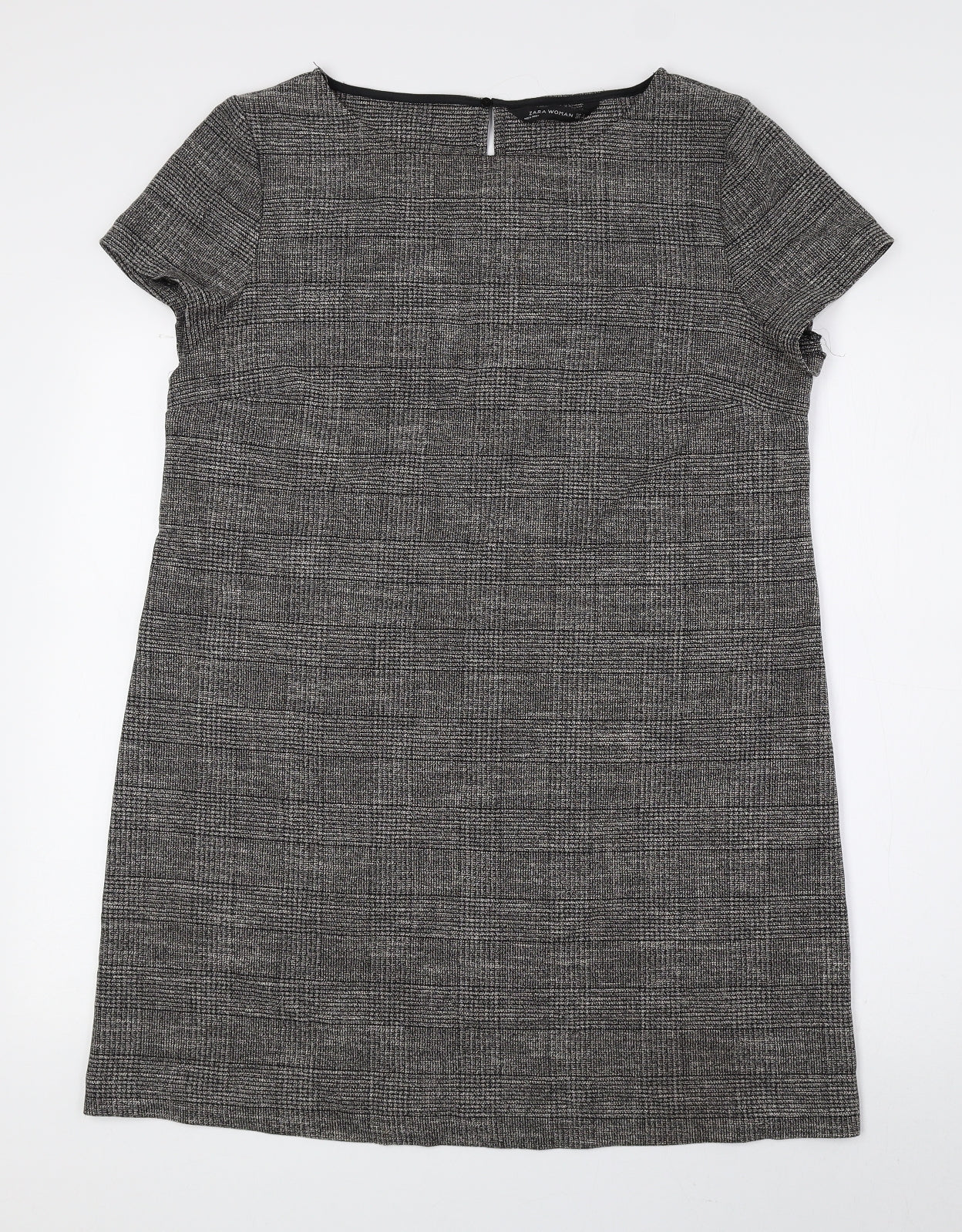 Zara Womens Grey Plaid Viscose Shift Size L Boat Neck Button