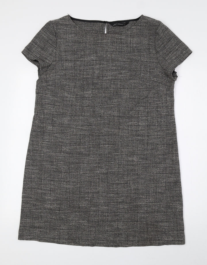 Zara Womens Grey Plaid Viscose Shift Size L Boat Neck Button