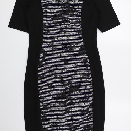 F&F Womens Black Geometric Polyester Pencil Dress Size 10 Round Neck Zip