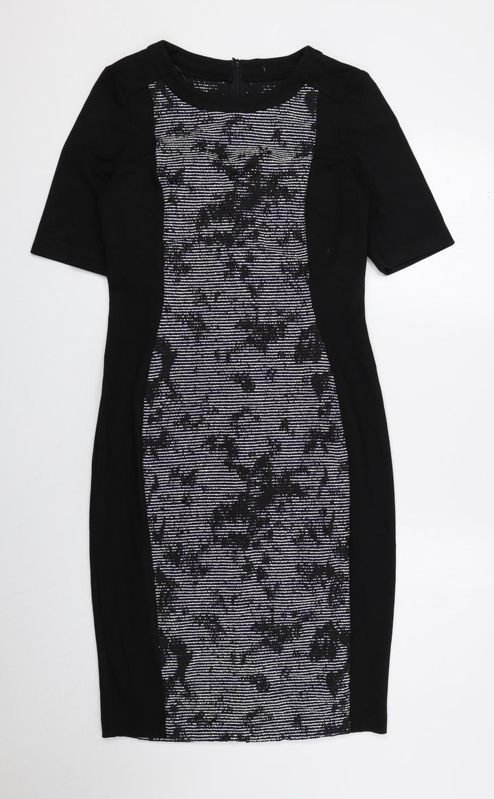 F&F Womens Black Geometric Polyester Pencil Dress Size 10 Round Neck Zip