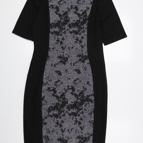 F&F Womens Black Geometric Polyester Pencil Dress Size 10 Round Neck Zip