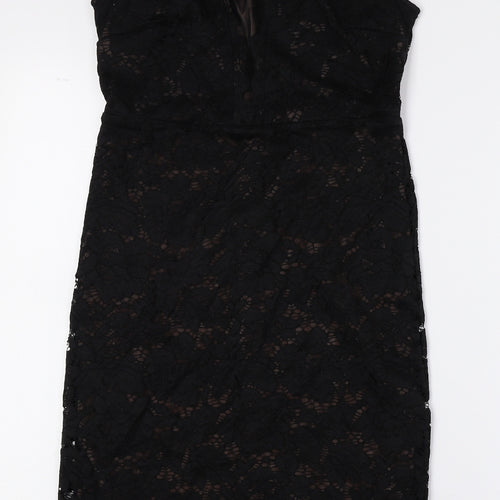 New Look Womens Black Nylon Tank Dress Size 8 Halter Button - Lace Detail