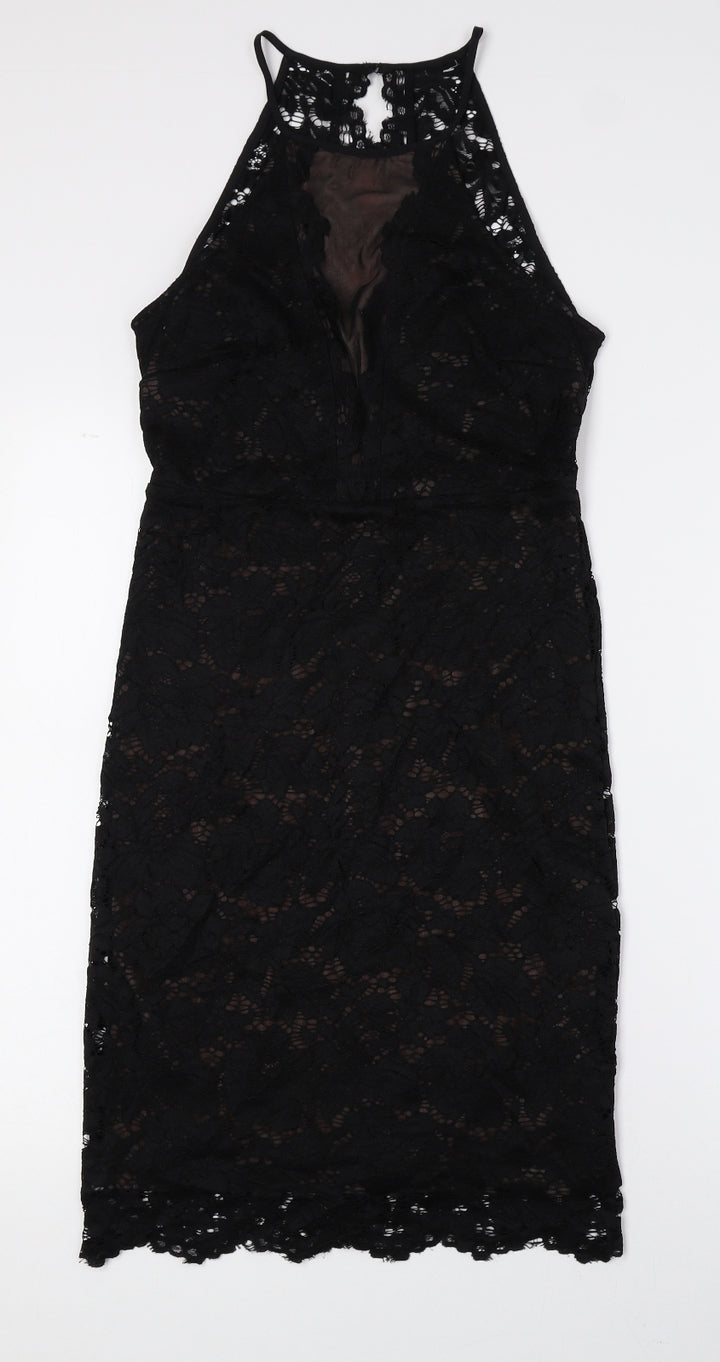 New Look Womens Black Nylon Tank Dress Size 8 Halter Button - Lace Detail