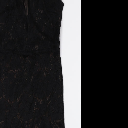 New Look Womens Black Nylon Tank Dress Size 8 Halter Button - Lace Detail